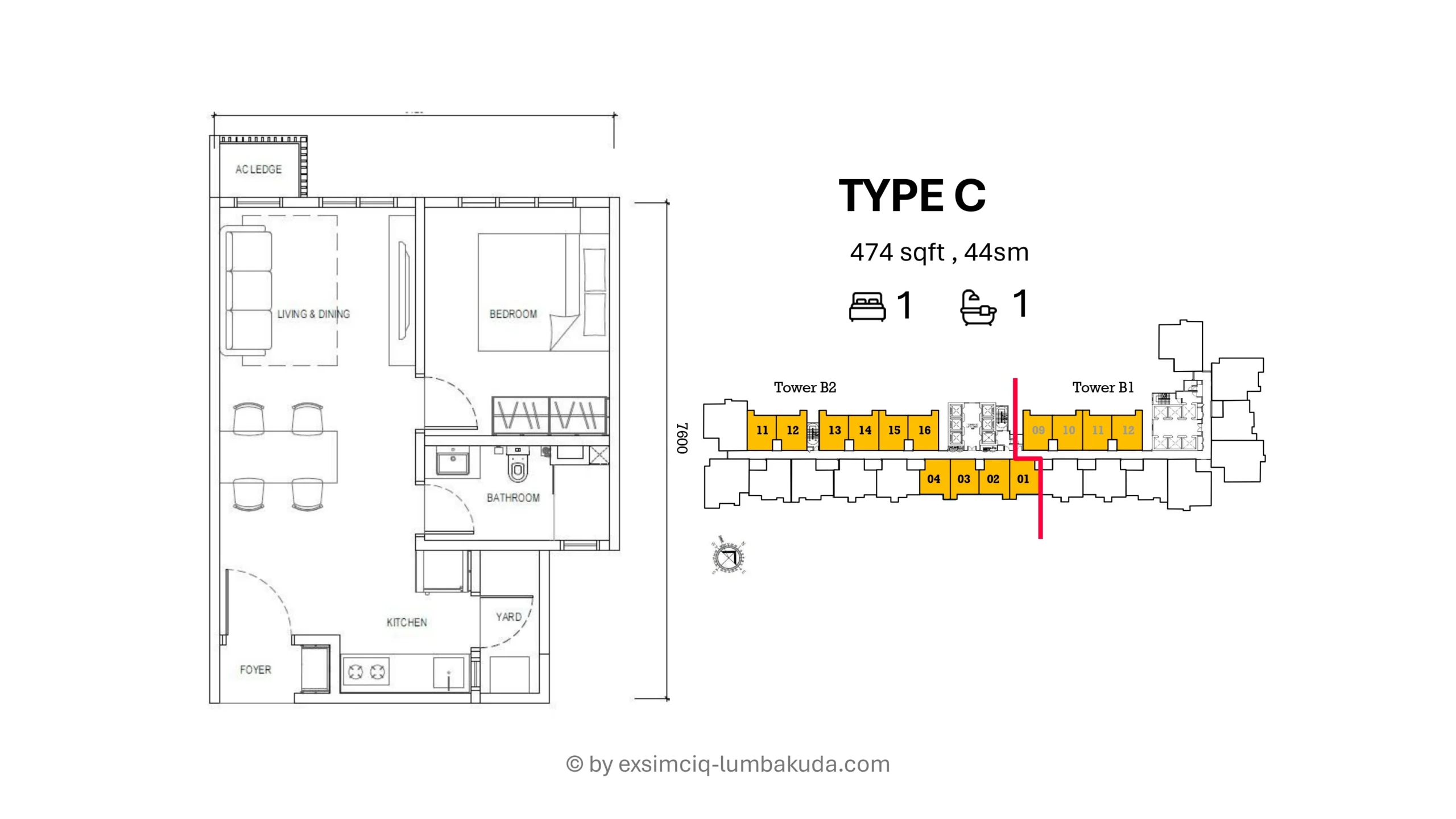 Causewayz Square Brixton Type C 1 Bedroom 1 Bathroom 474 Square Feet Layout