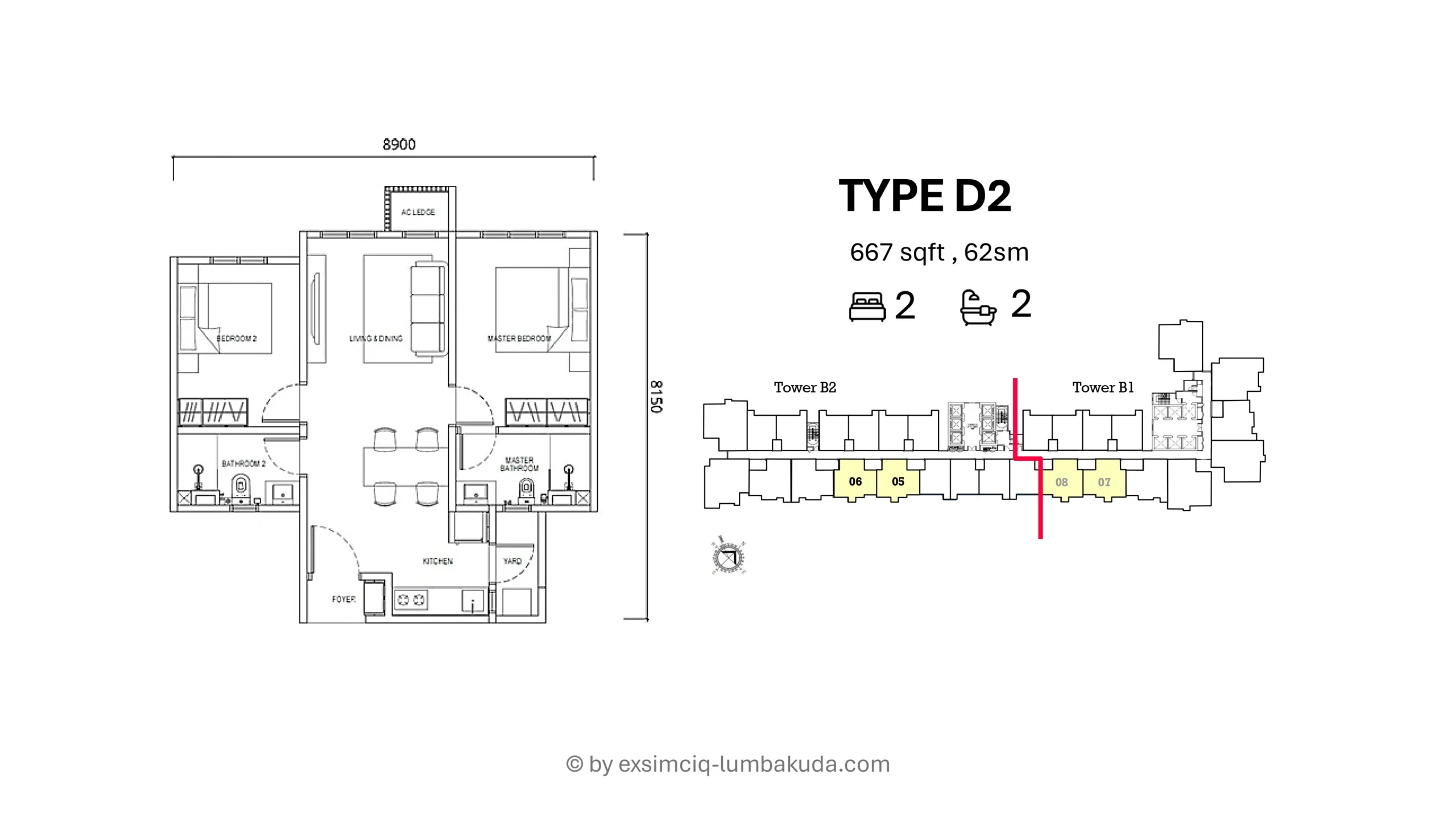 Causewayz Square Brixton Type D2 2 Bedroom 2 Bathroom 667 Square Feet Layout