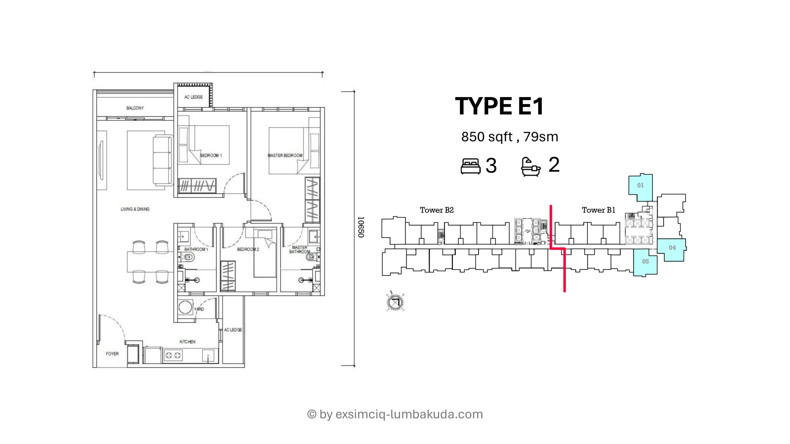 Causewayz Square Brixton Type E1 3 Bedroom 2 Bathroom 850 Square Feet Layout With Balcony