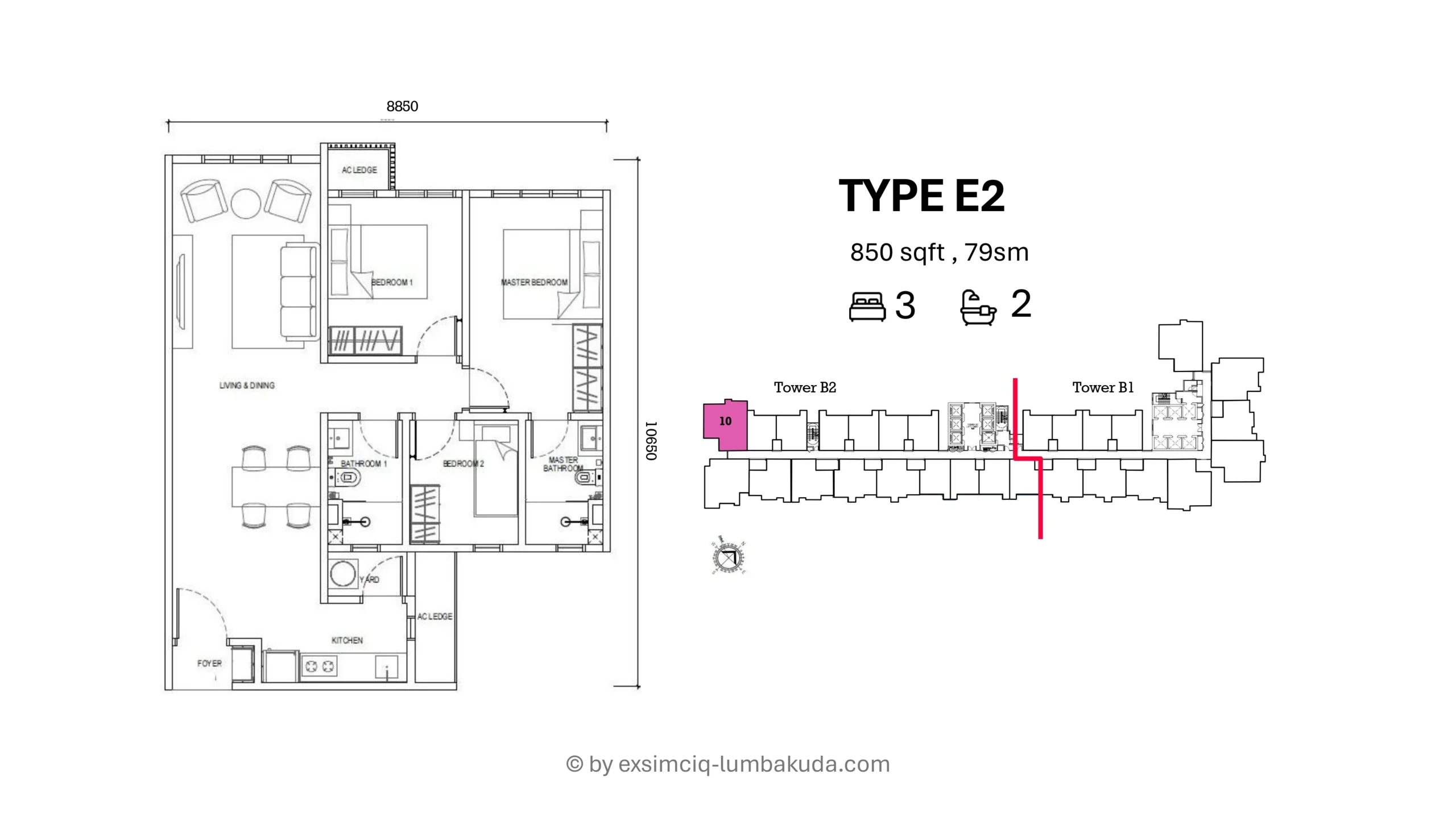Causewayz Square Brixton Type E1 3 Bedroom 2 Bathroom 850 Square Feet Layout