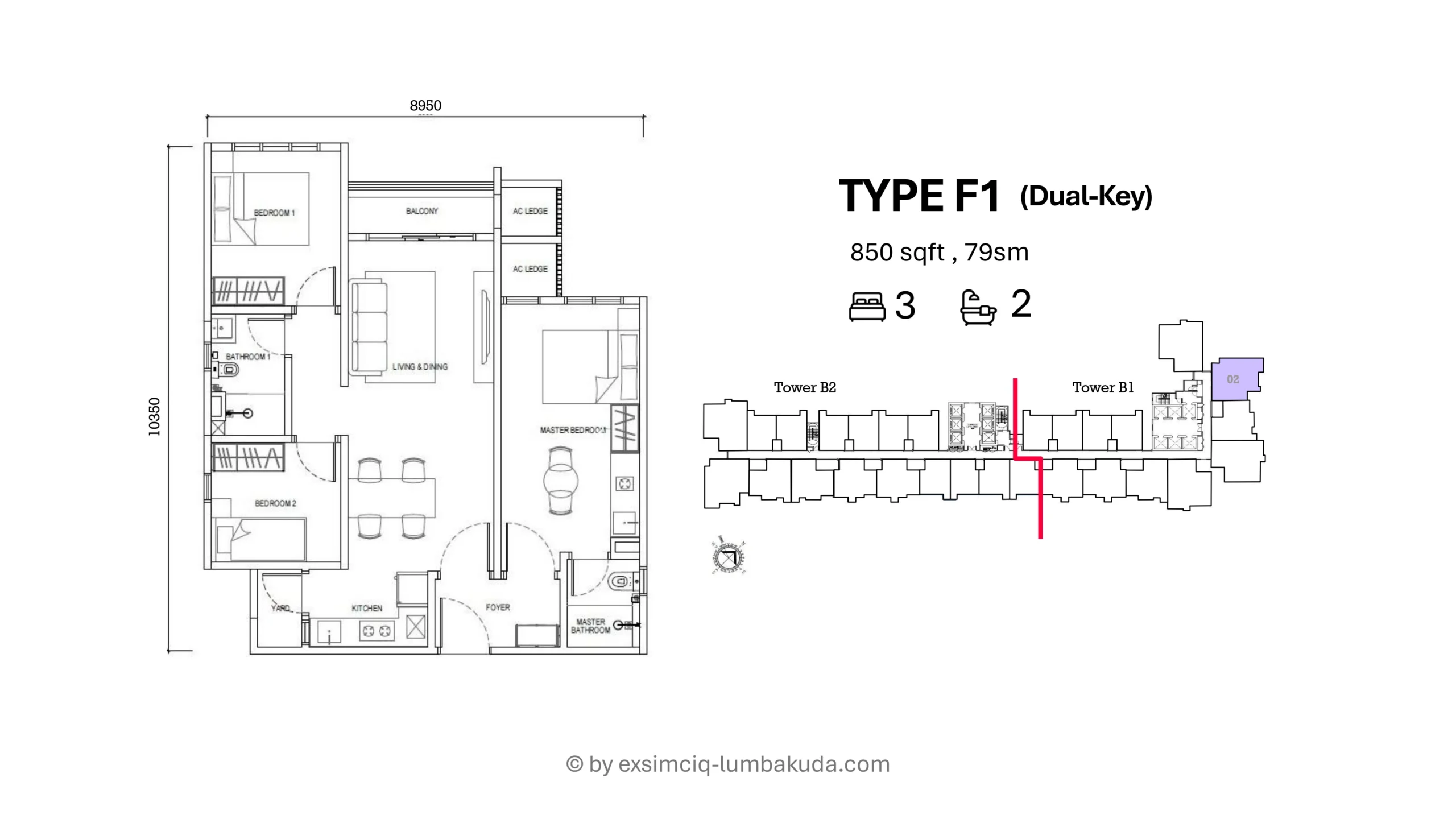 Causewayz Square Brixton Type F1 3 Bedroom 2 Bathroom 850 Square Feet Layout with Balcony and Dual Key