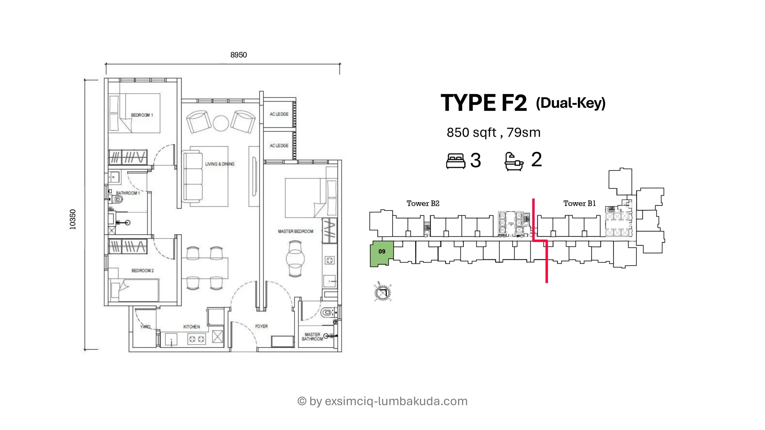 Causewayz Square Brixton Type F1 3 Bedroom 2 Bathroom 850 Square Feet Layout with Dual Key